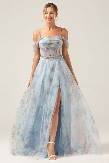 Spalla Fredda A-Line Blu Stampato Lungo Corsetto Abito Da Cerimonia Con Fessura
